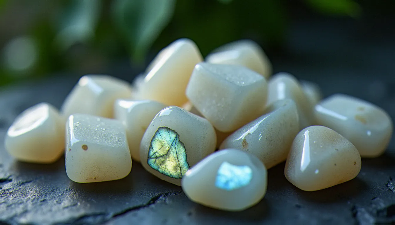 Plusieurs pierres de labradorite blanche roulées de différentes tailles disposées sur une ardoise sombre, révélant leur labradorescence argentée sous une lumière rasante
