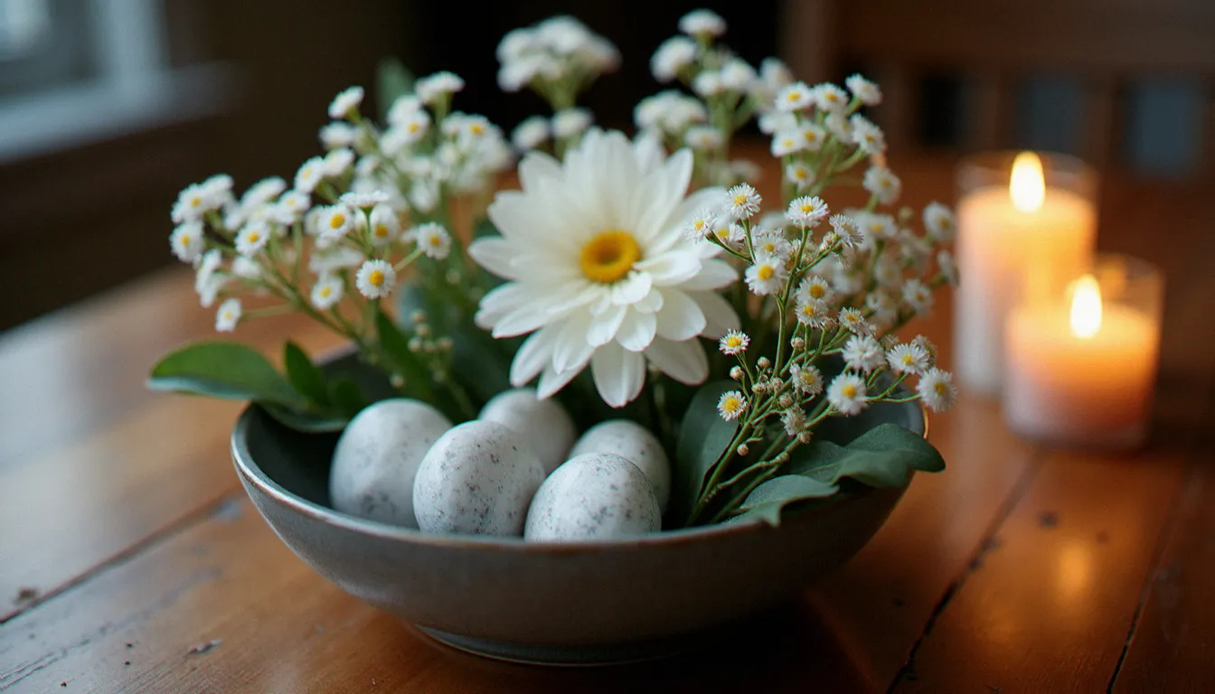 Composition florale basse en coupe en céramique grise avec gypsophile blanche, lunaires séchées translucides, eucalyptus argenté et trois labradorites blanches posées parmi les fleurs, éclairée à la bougie