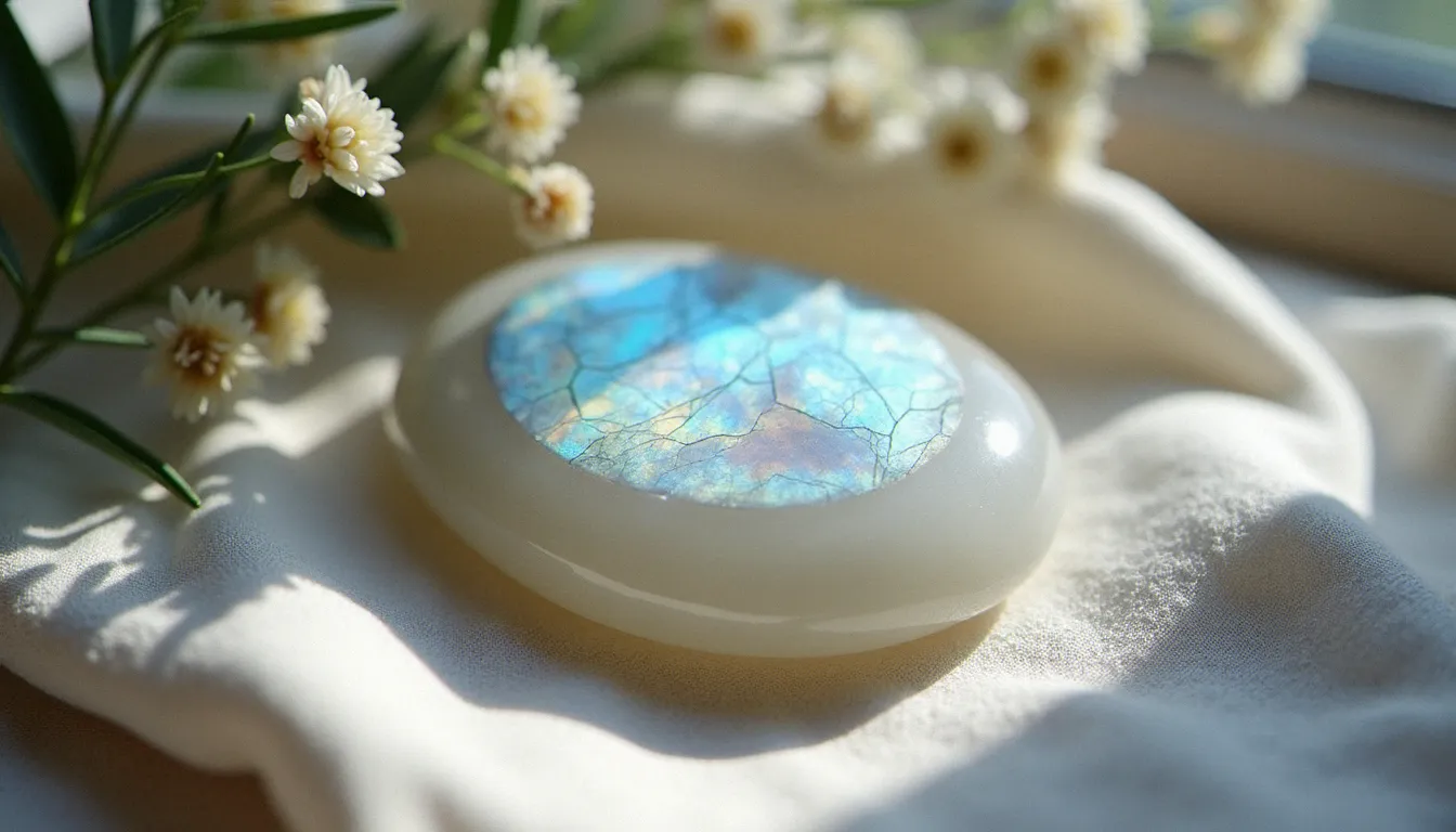 Pierre de labradorite blanche polie posée sur un tissu de lin, avec ses reflets nacrés irisés, entourée de fleurs séchées blanches et de feuilles d'eucalyptus