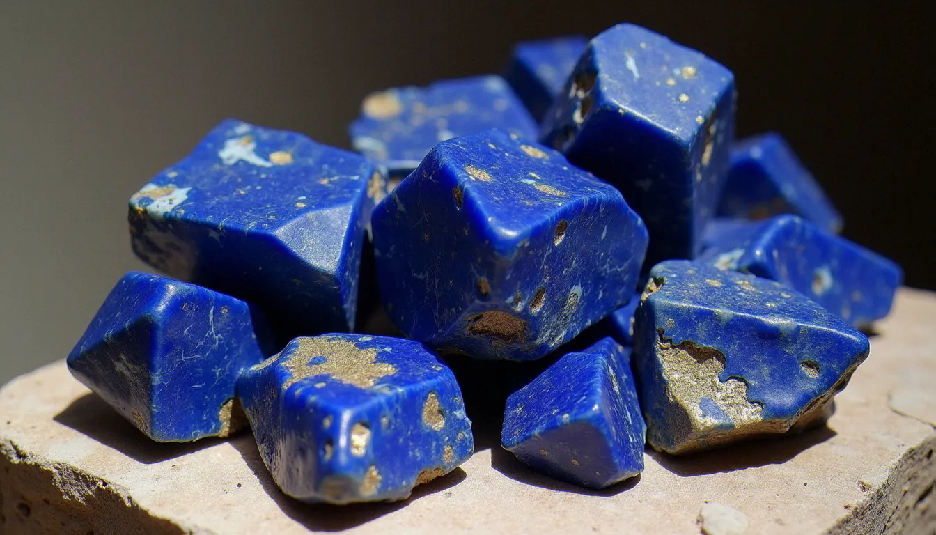 Roches brutes de lapis lazuli de différentes qualités présentant des veines de calcite blanche et des paillettes de pyrite dorée sur fond minéral