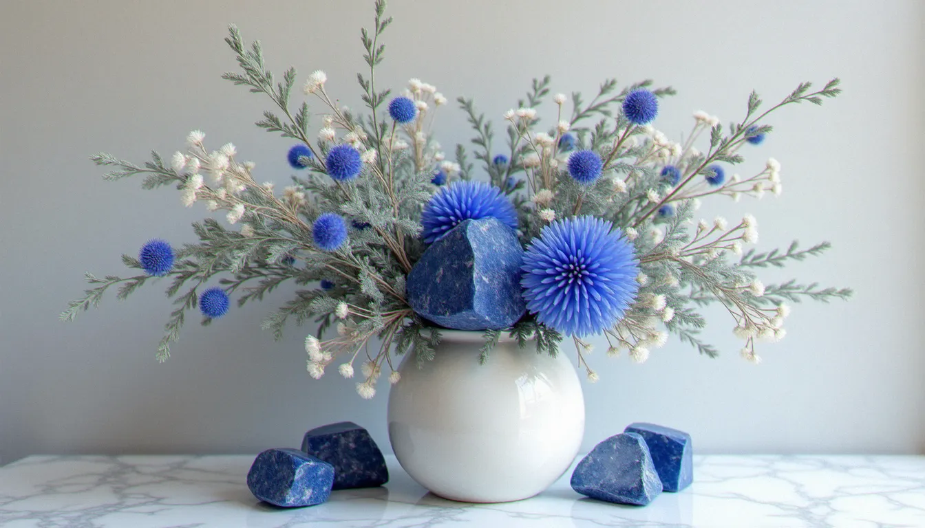 Composition florale mêlant pierres brutes de lapis lazuli, chardons bleus séchés et branchages argentés dans un vase céramique blanc sur marbre