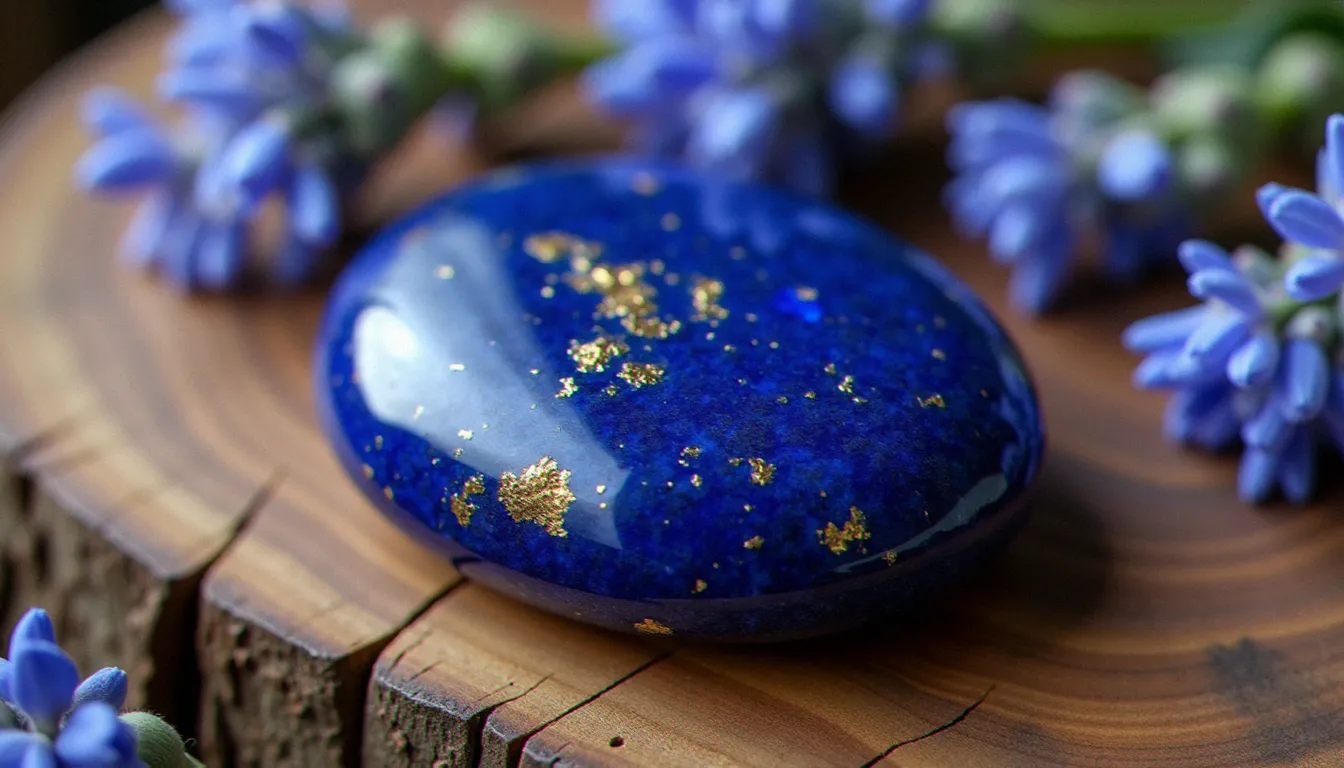 Pierre de lapis lazuli polie d'un bleu intense avec inclusions de pyrite dorée, posée sur du bois brut entouré de fleurs séchées bleues et blanches