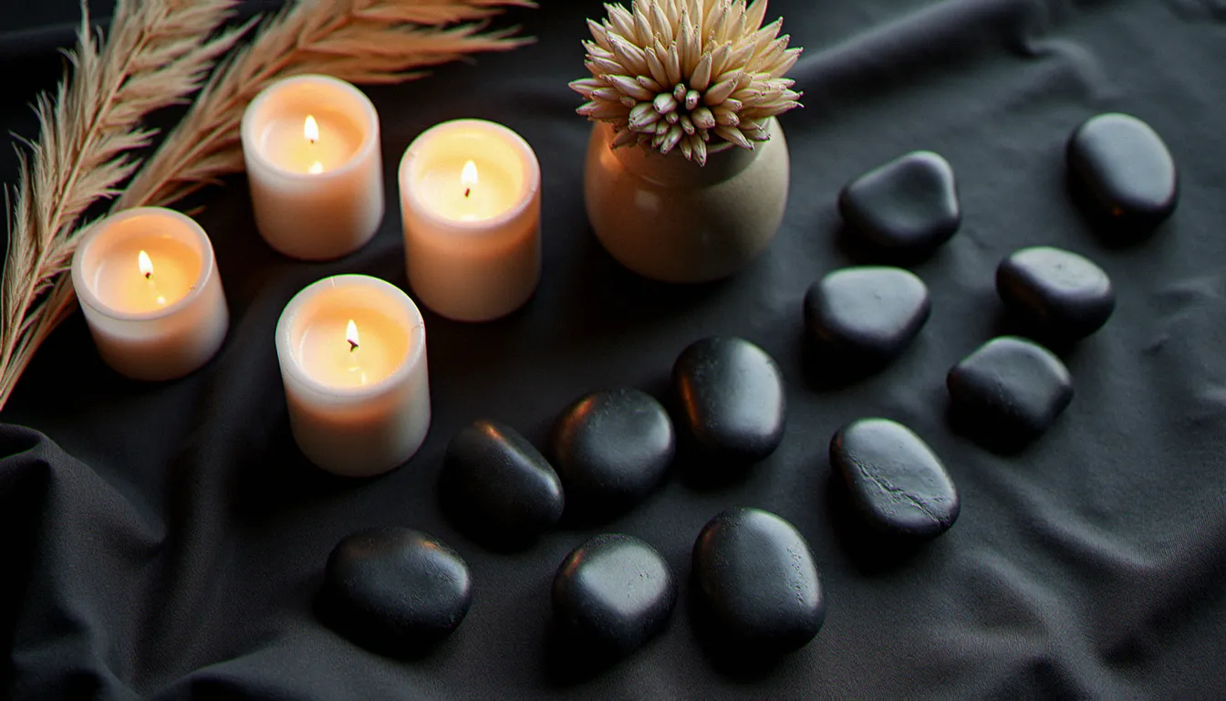 Composition décorative avec pierres d'obsidienne noire brutes, herbes de pampa séchées et bougies ivoire sur lin sombre