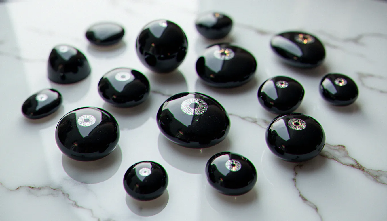 Collection de pièces d'obsidienne œil céleste de différentes tailles — sphère, galet, cabochon — sur marbre blanc, avec leur reflet argenté mis en valeur par une lumière directe