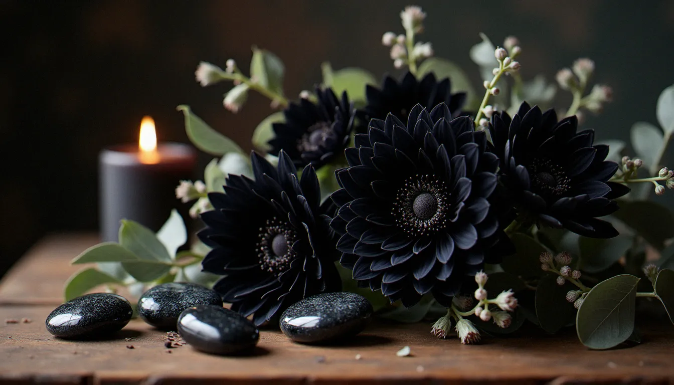 Composition florale sombre avec dahlias noirs, anémones et eucalyptus argenté, entourée de galets d'obsidienne œil céleste dont le reflet argenté s'anime à la lumière des bougies