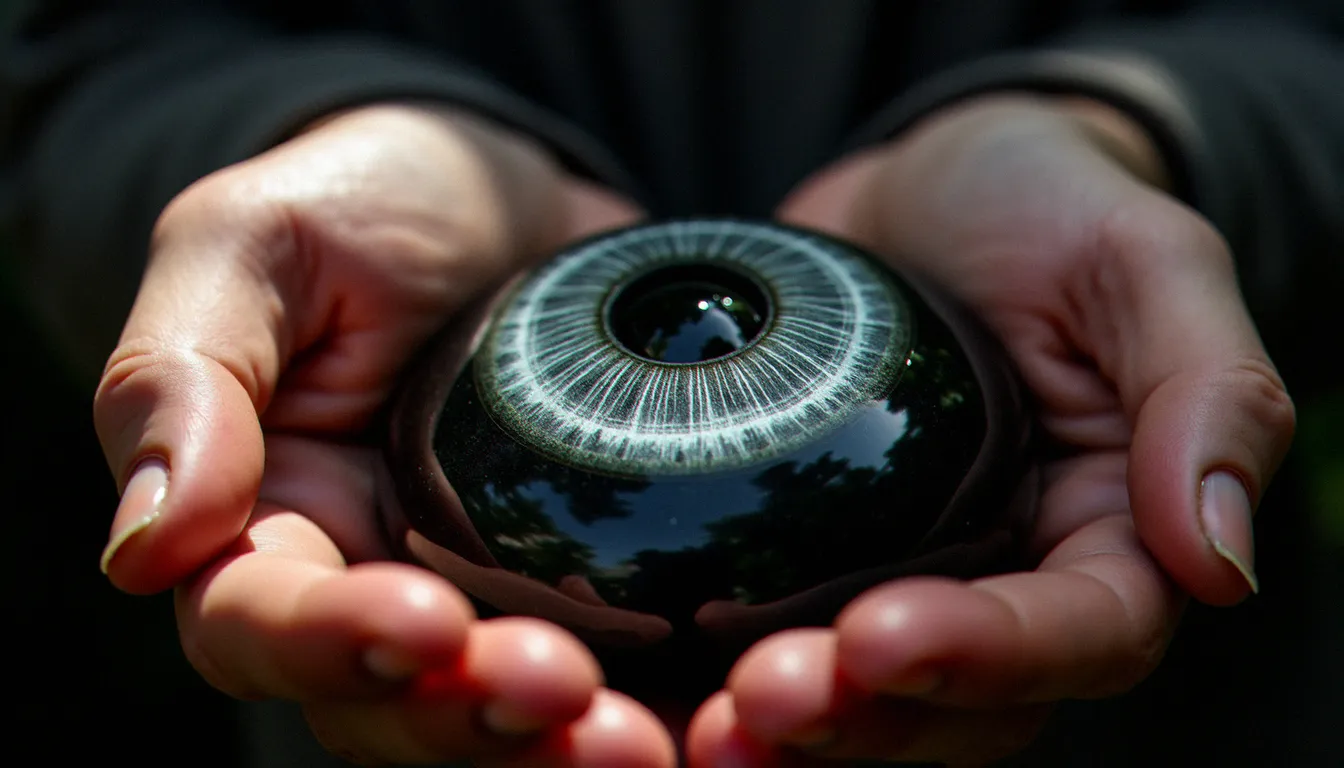 Galet d'obsidienne œil céleste poli tenu dans la main, révélant son reflet argenté caractéristique sous une lumière naturelle directe