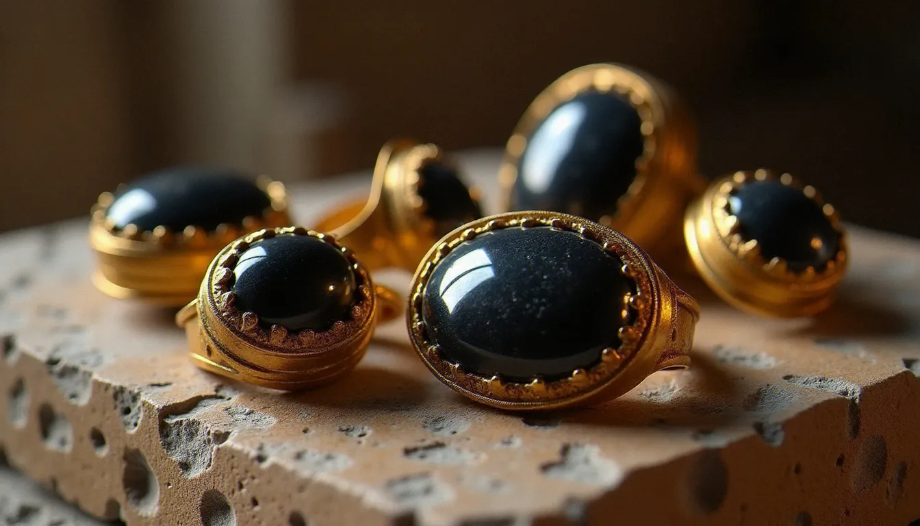 Bijoux anciens égyptiens et romains incrustés d'onyx noir sur fond de pierre patinée, illustrant l'histoire millénaire de la pierre
