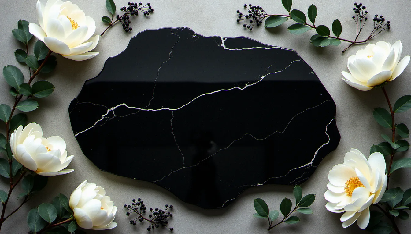 Plateau décoratif en onyx noir poli servant d'écrin à une composition florale minimaliste de pivoines blanches et d'anémones sombres sur béton ciré