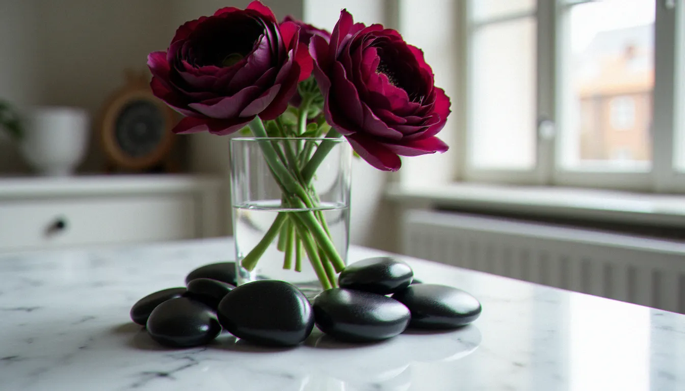 Galets d'onyx noir polis disposés dans un vase en verre avec des anémones sombres et des roses bordeaux, composition florale sur marbre blanc