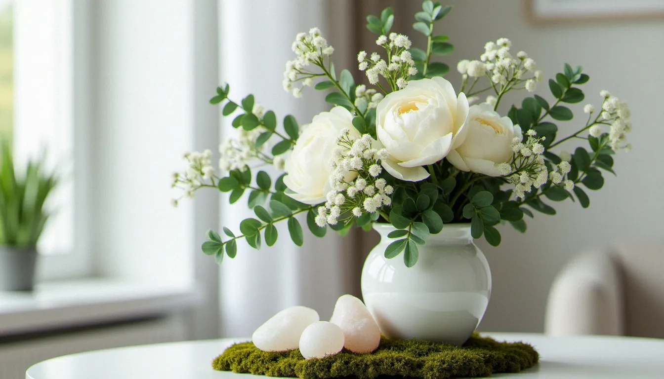 Composition florale de pivoines blanches et gypsophile mêlant des galets de quartz laiteux posés sur mousse, alliance de fleurs et de pierres blanches en décoration intérieure
