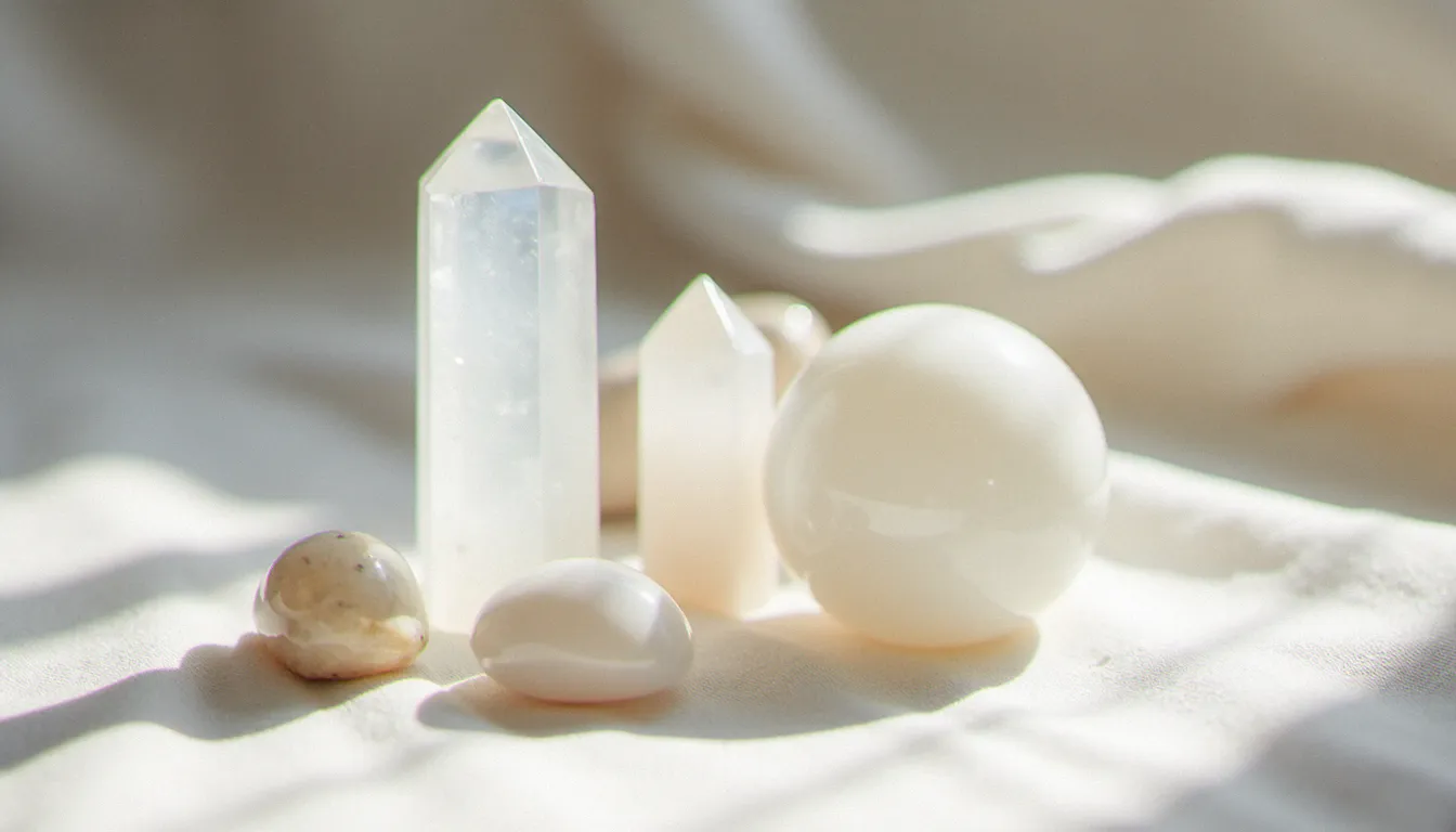 Collection de pierres blanches de lithothérapie — cristal de roche, quartz laiteux, sélénite et pierre de lune — photographiées sur lin naturel en lumière du jour