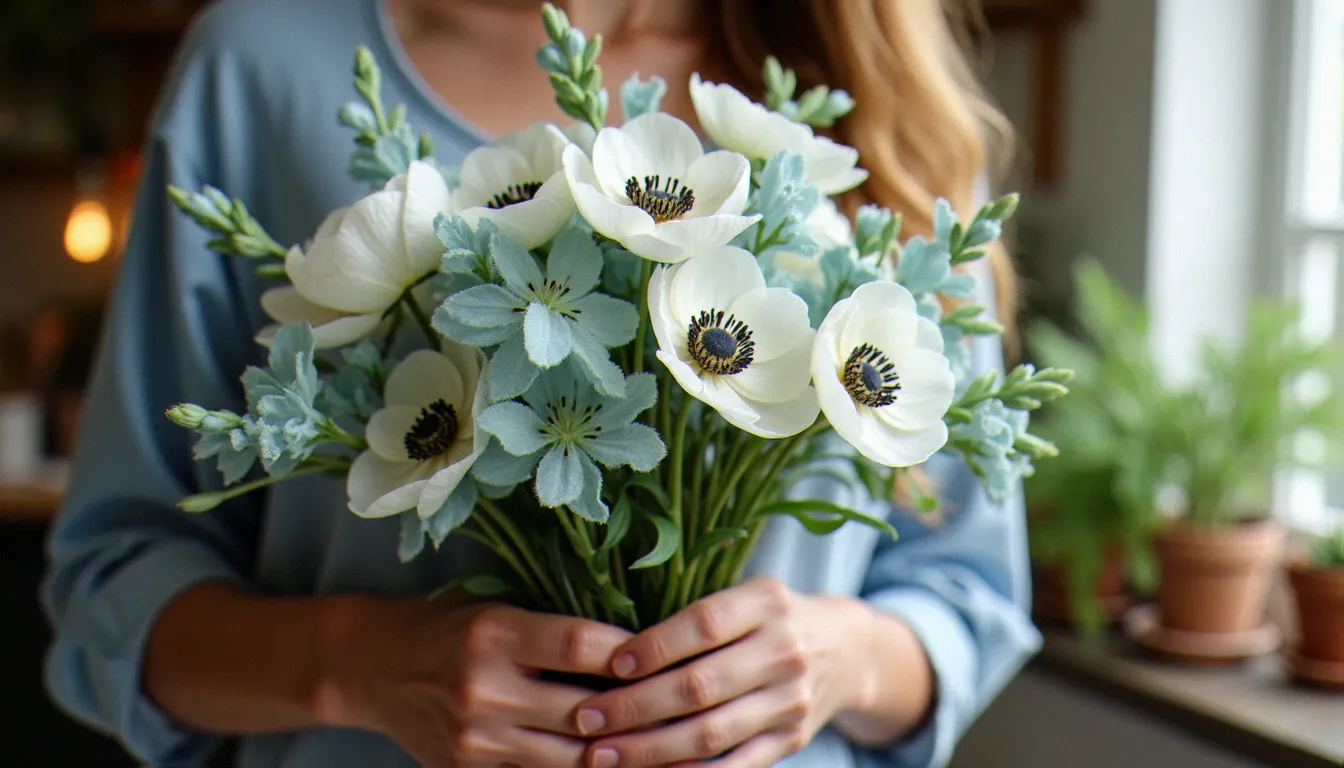 Fleuriste tenant un bouquet d'anémones blanches et delphiniums bleu pâle avec des éclats d'aigue-marine brute intégrés aux tiges