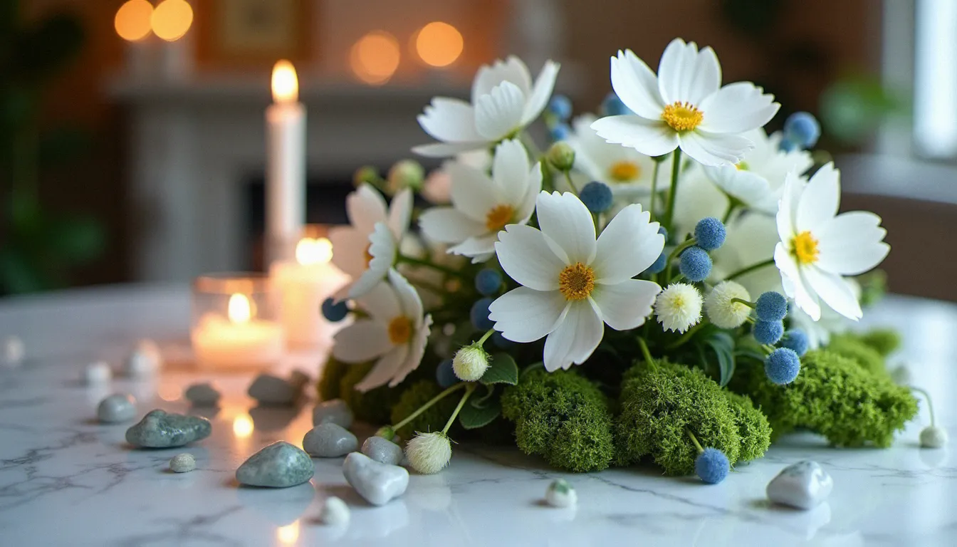 Centre de table floral composé de cosmos blancs, muscaris bleu pâle, mousse verte et cristaux de célestite captant la lumière de bougies