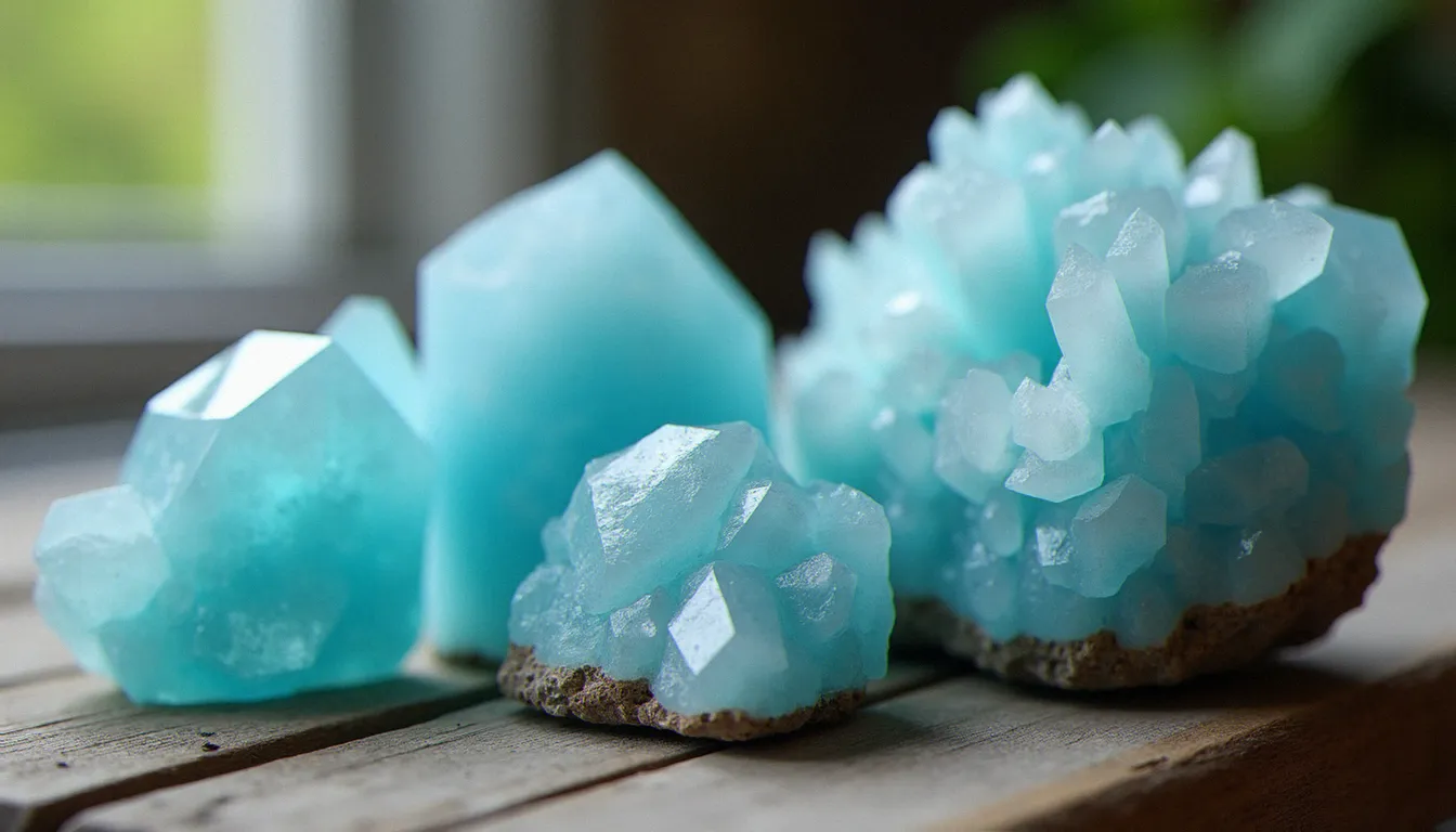 Collection de pierres bleu clair disposées sur bois brut : aigue-marine brute, amas de célestite et larimar poli, éclairés en lumière naturelle douce
