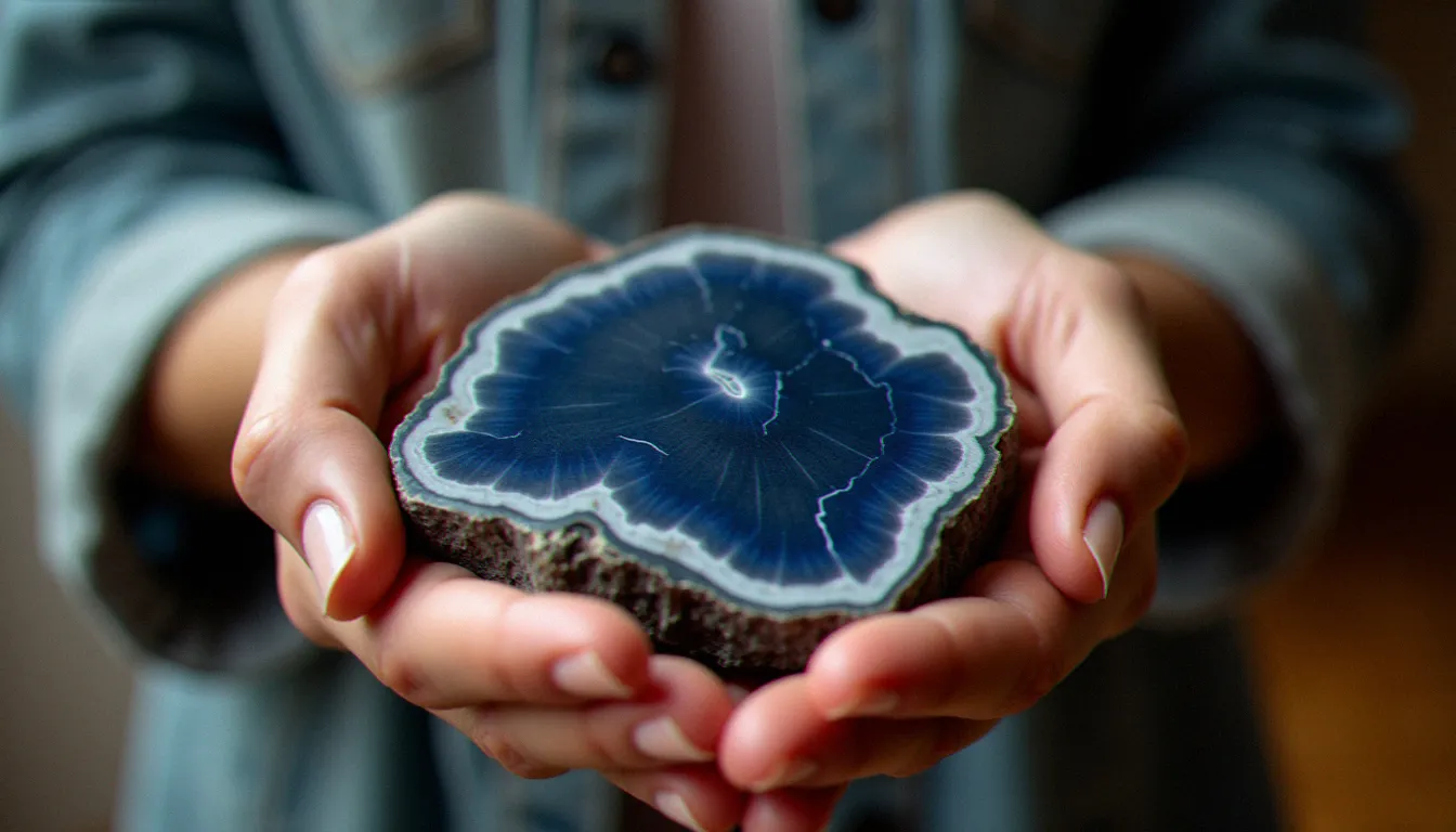 Mains féminines tenant une sodalite brute aux veinures bleu et blanc en lumière naturelle intérieure chaude