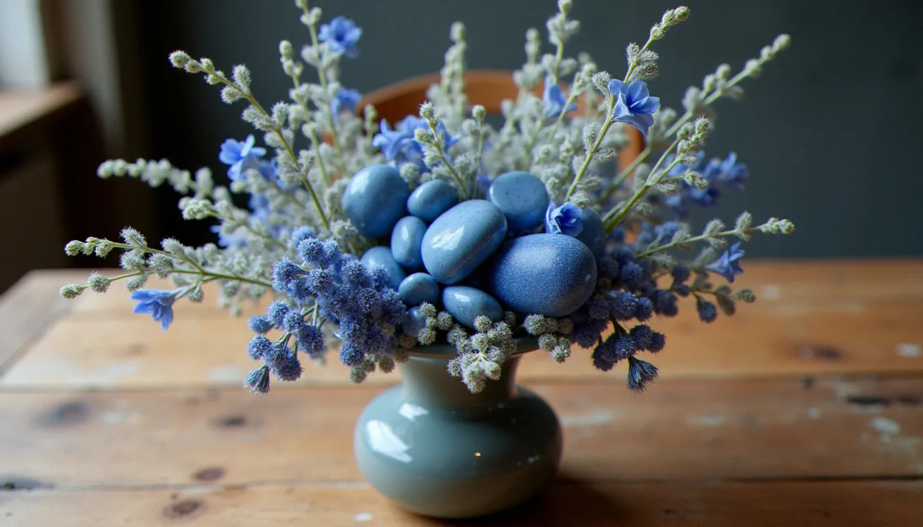 Composition florale séchée avec delphiniums bleus et pierres de sodalite intégrées dans un vase en céramique sur une table en bois