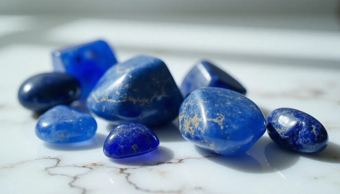 Collection de pierres bleues de lithothérapie posées sur marbre blanc — lapis-lazuli, sodalite et apatite bleue — dans une lumière naturelle douce