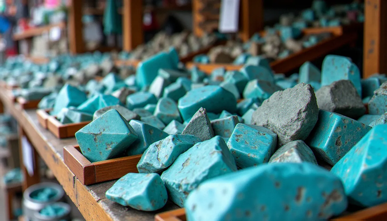 Étal de marché minéralogique présentant des pierres bleues turquoise brutes et polies en différentes teintes, de l'Arizona à l'Iran