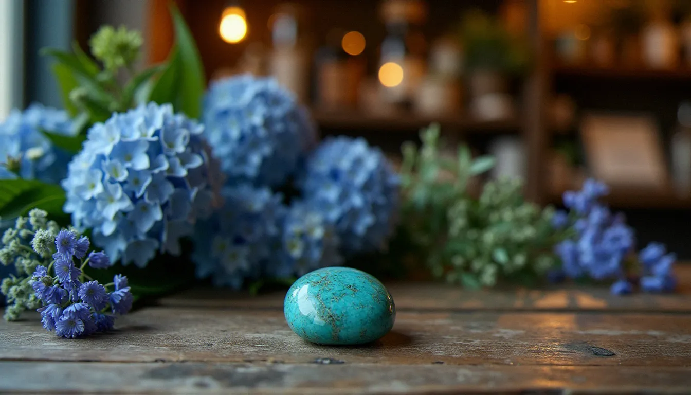 Atelier de fleuriste parisien avec une pierre bleue turquoise intégrée dans une composition florale d'agapanthus et d'hortensias bleus