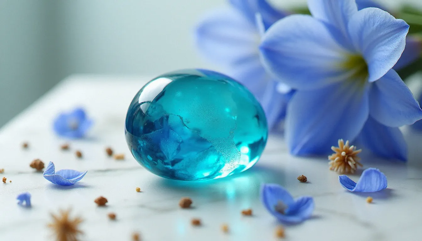 Pierre bleue turquoise polie posée sur du marbre blanc entourée de fleurs de delphinium bleu, illustrant la couleur turquoise dans un contexte naturel et floral