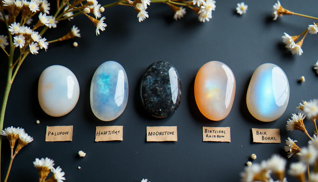 Collection de cinq variétés de pierre de lune — blanche, bleue, pêche, noire et arc-en-ciel — disposées sur ardoise avec de la gypsophile séchée pour illustrer la diversité des couleurs