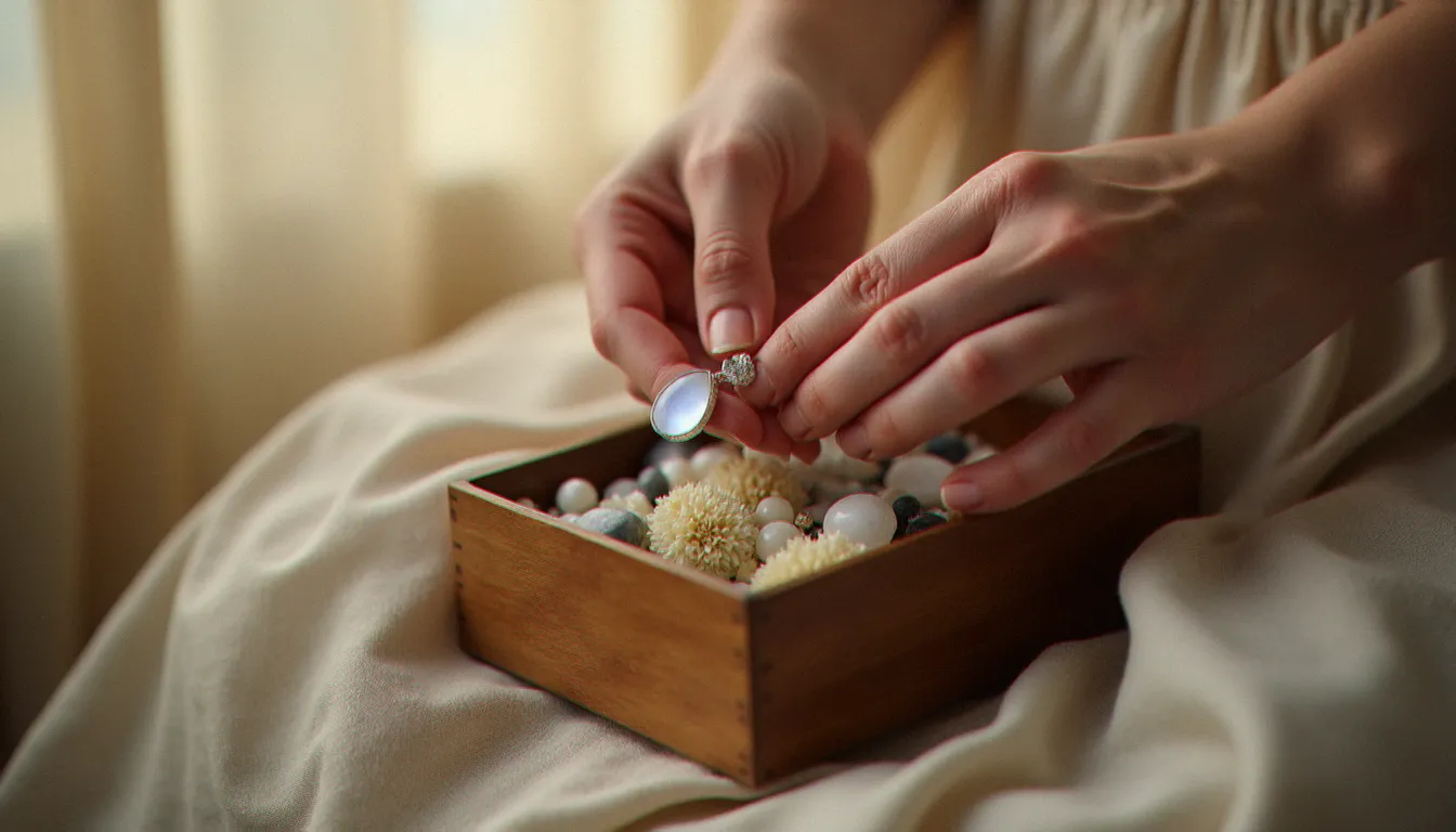 Mains féminines tenant un pendentif en pierre de lune au-dessus d'un coffret en bois garni de fleurs séchées blanches et de petits minéraux, illustrant un usage quotidien et symbolique de la gemme