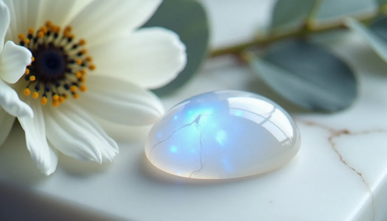 Pierre de lune cabochon posée sur marbre blanc avec des pétales d'anémone et des feuilles d'eucalyptus argenté, mettant en valeur l'adularescence bleue caractéristique de la gemme
