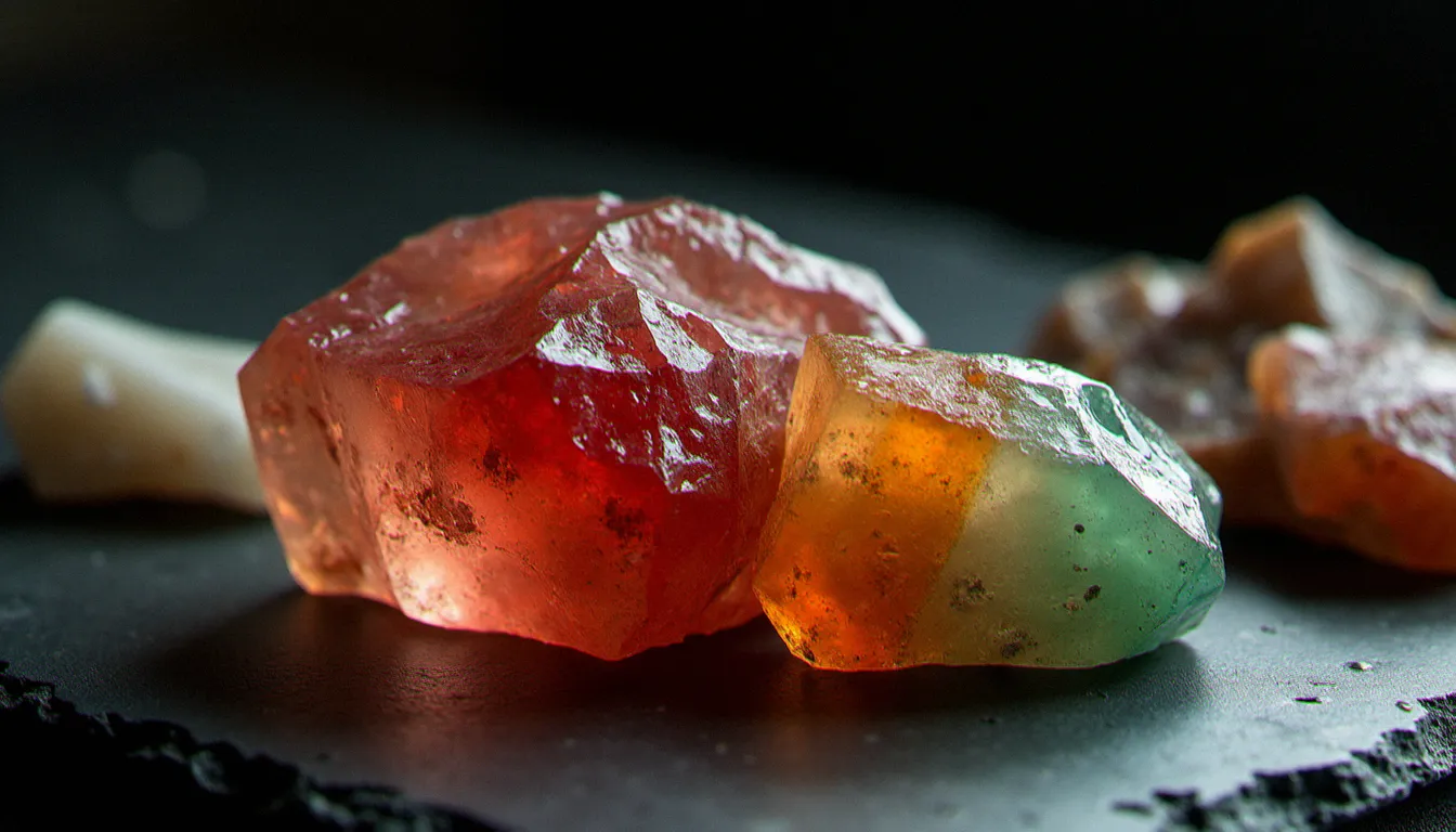 Pierres de soleil brutes de l'Oregon présentées sur une surface en ardoise, montrant leurs inclusions de cuivre et leurs reflets bicolores rouges et verts