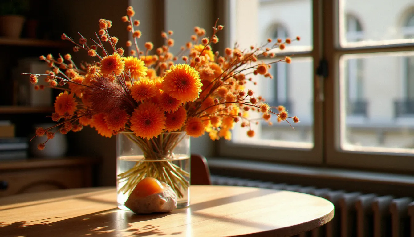 Composition florale automnale avec carthames orangés, physalis séchés et feuillages cuivrés, une pierre de soleil brute posée au pied d'un vase en verre dans un intérieur parisien