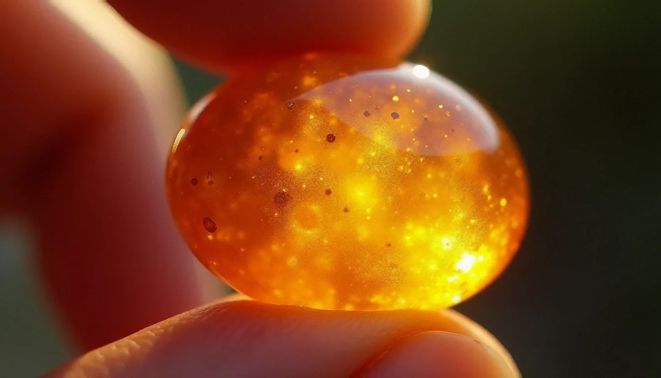 Gros plan d'une pierre de soleil polie aux reflets dorés et orangés, révélant son aventurescence caractéristique en lumière naturelle