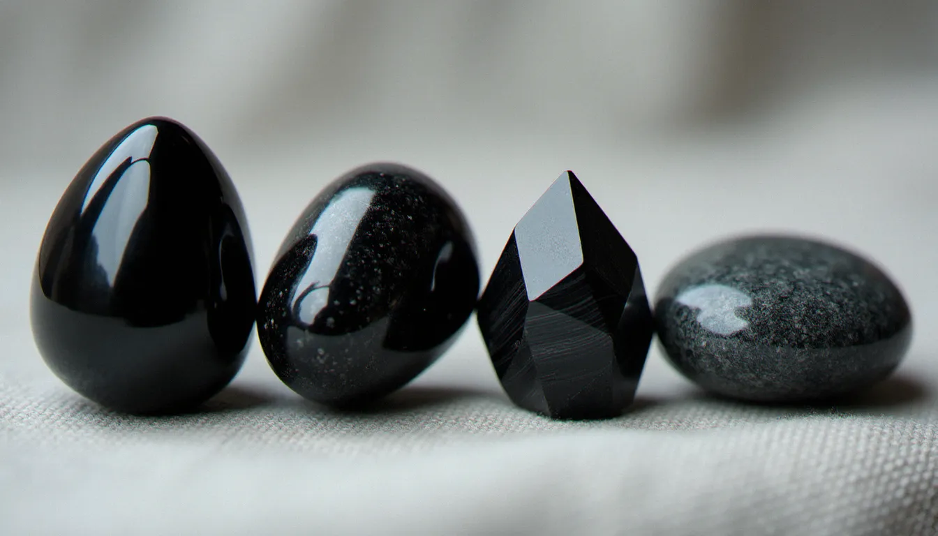 Gros plan comparatif de quatre pierres noires aux textures distinctes — obsidienne brillante, onyx cireux, cristal de tourmaline strié et galet de basalte mat