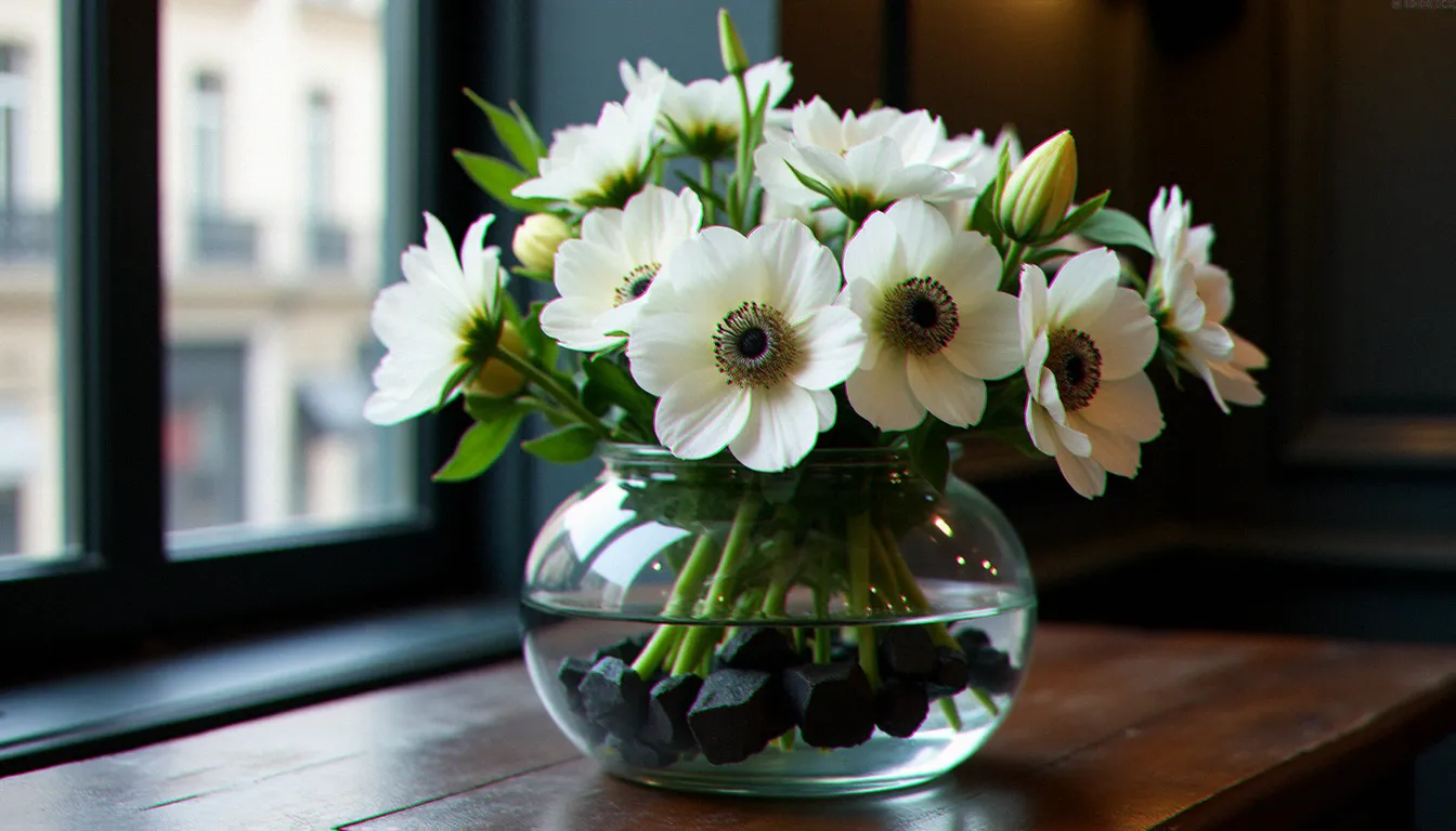 Composition florale d'anémones blanches et lisianthus ivoire avec des cristaux de tourmaline noire bruts et galets de basalte poli dans un vase en verre, dans un atelier parisien