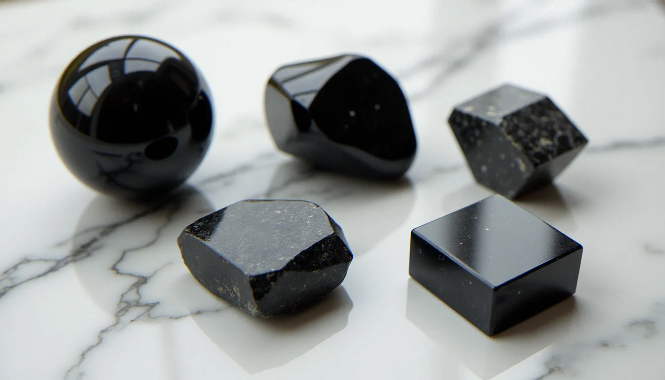 Collection de pierres noires aux noms variés — obsidienne, onyx, tourmaline noire, jais et shungite — posées sur marbre blanc en lumière naturelle