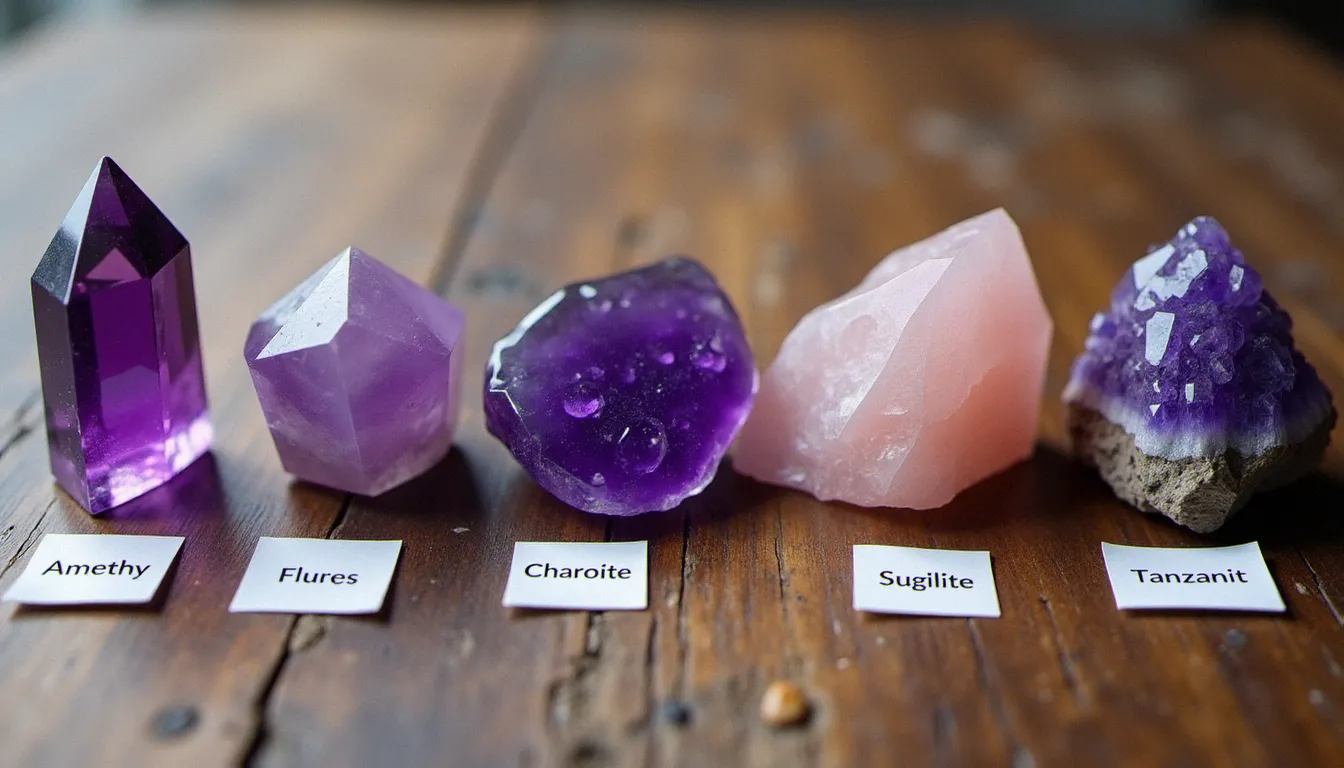 Comparaison de six pierres violettes différentes côte à côte — améthyste, fluorite, charoïte, sugilite, kunzite et tanzanite brute — sur une surface en bois naturel