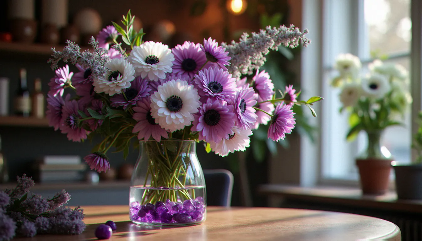 Composition florale parisienne avec pierres violettes améthyste visibles dans un vase en verre transparent, entourées d'alliums violets, anémones blanches et eucalyptus argenté