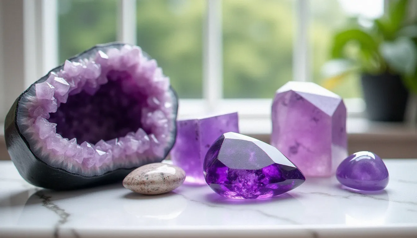 Collection de pierres violettes naturelles — améthyste en géode, charoïte polie, fluorite cube et sugilite — disposées sur marbre blanc