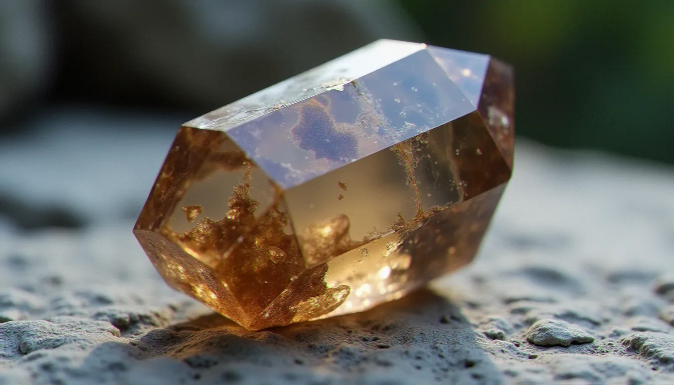 Gros plan d'une pointe de quartz fumé révélant les inclusions naturelles et les zonations de couleur caractéristiques de la formation minérale