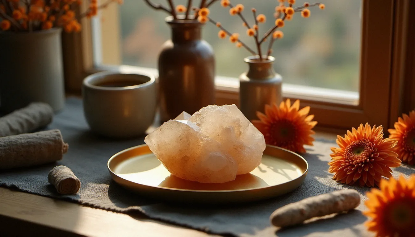 Composition décorative d'intérieur associant quartz fumé, plateau en laiton, branches de Physalis séchées et chrysanthèmes rouille dans une lumière automnale apaisante