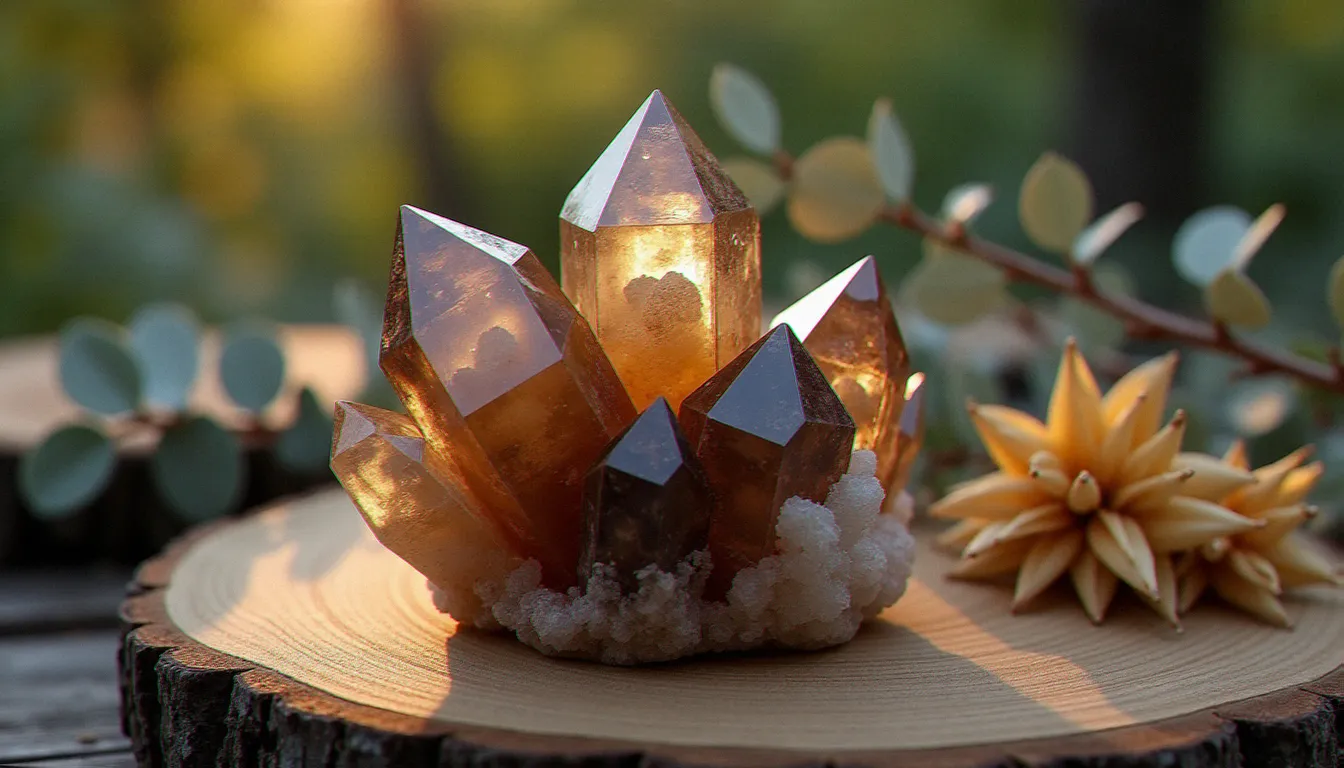 Cristal de quartz fumé naturel posé sur du bois brut, entouré de branches séchées d'eucalyptus et de graminées dorées