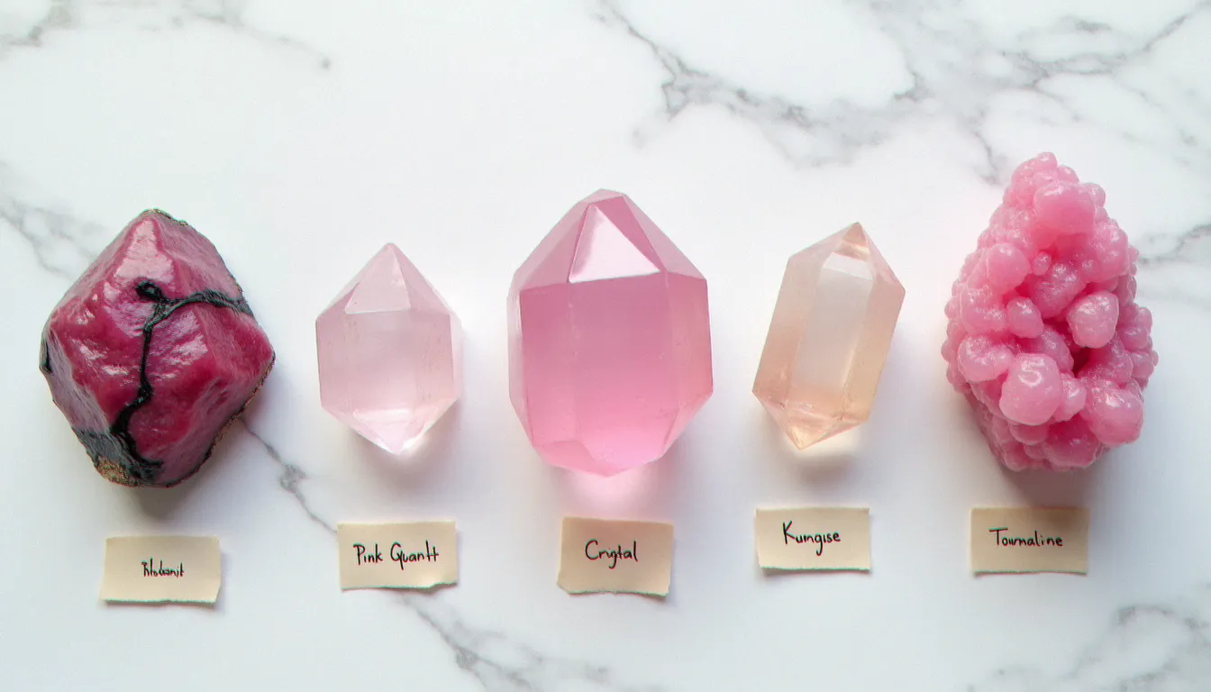 Collection comparative de cinq pierres roses différentes sur marbre blanc : rhodonite, quartz rose, rhodochrosite, kunzite et tourmaline rose