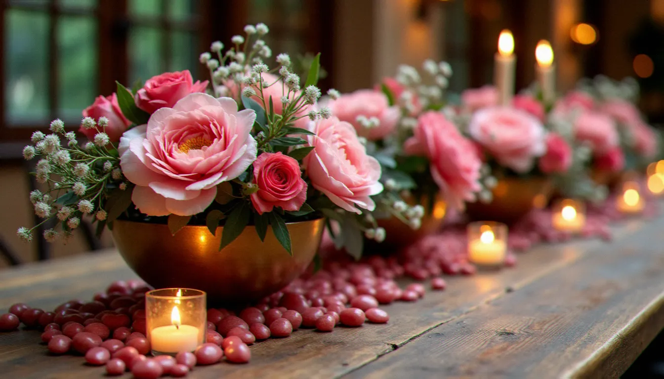 Centre de table floral de mariage mêlant des galets de rhodonite polis à des pivoines roses, des renoncules corail et de l'eucalyptus argenté dans des coupes en laiton