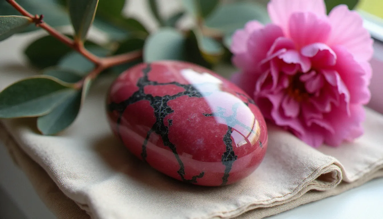 Pierre de rhodonite polie aux tons rose intense veinés de noir, posée sur du lin naturel avec des branches d'eucalyptus séchées et une pivoine rose