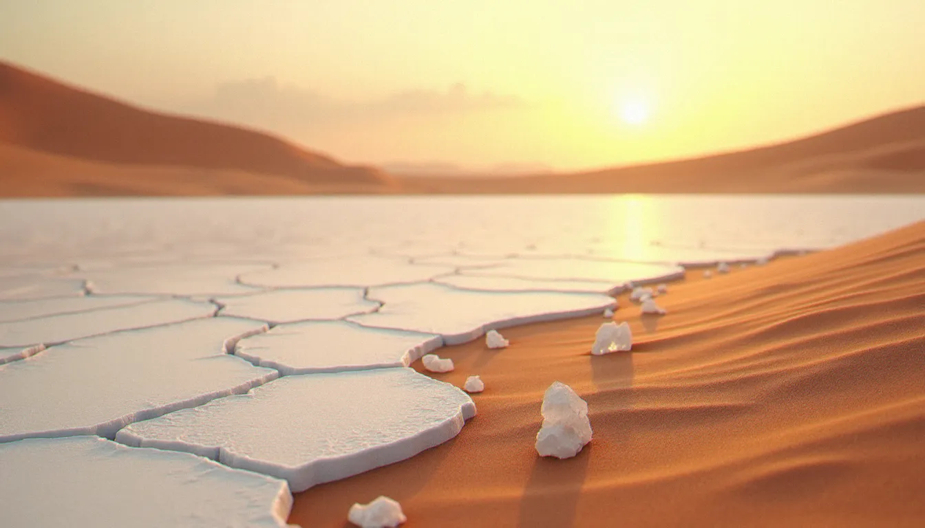 Paysage désertique du Sahara avec un chott asséché et des formations cristallines de gypse émergeant du sol sableux à l'heure dorée