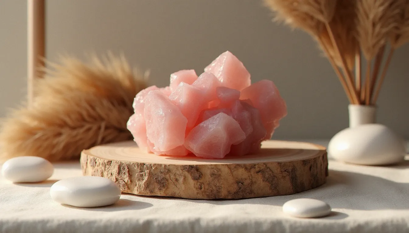 Rose des sables pierre posée sur une tranche de bois brut, entourée de tiges de pampa séchées et de galets de quartz blanc dans une décoration intérieure naturelle et épurée