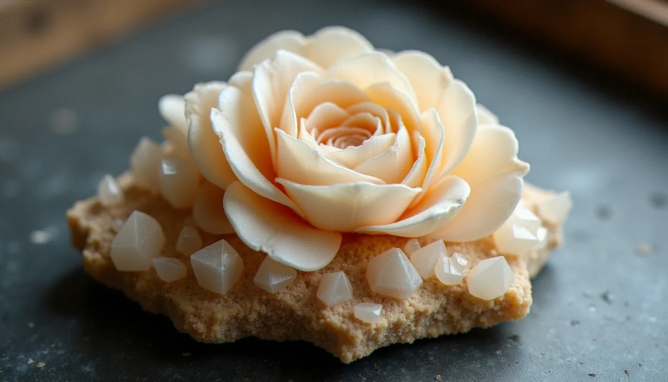 Gros plan sur une rose des sables pierre naturelle en cristaux de gypse aux tons beige crème, posée sur une ardoise sombre avec éclairage naturel latéral