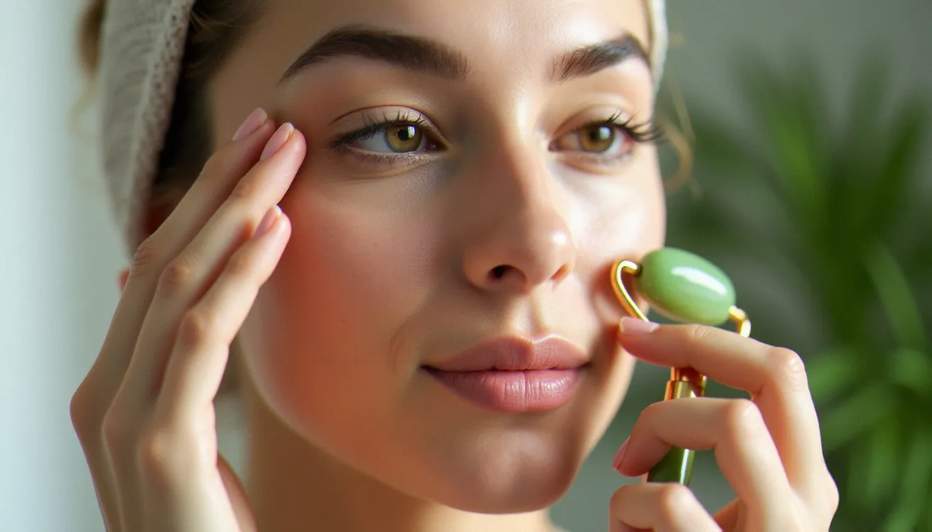 Mains féminines utilisant un rouleau de jade sur la joue avec un mouvement vers l'extérieur, peau hydratée, lumière matinale naturelle