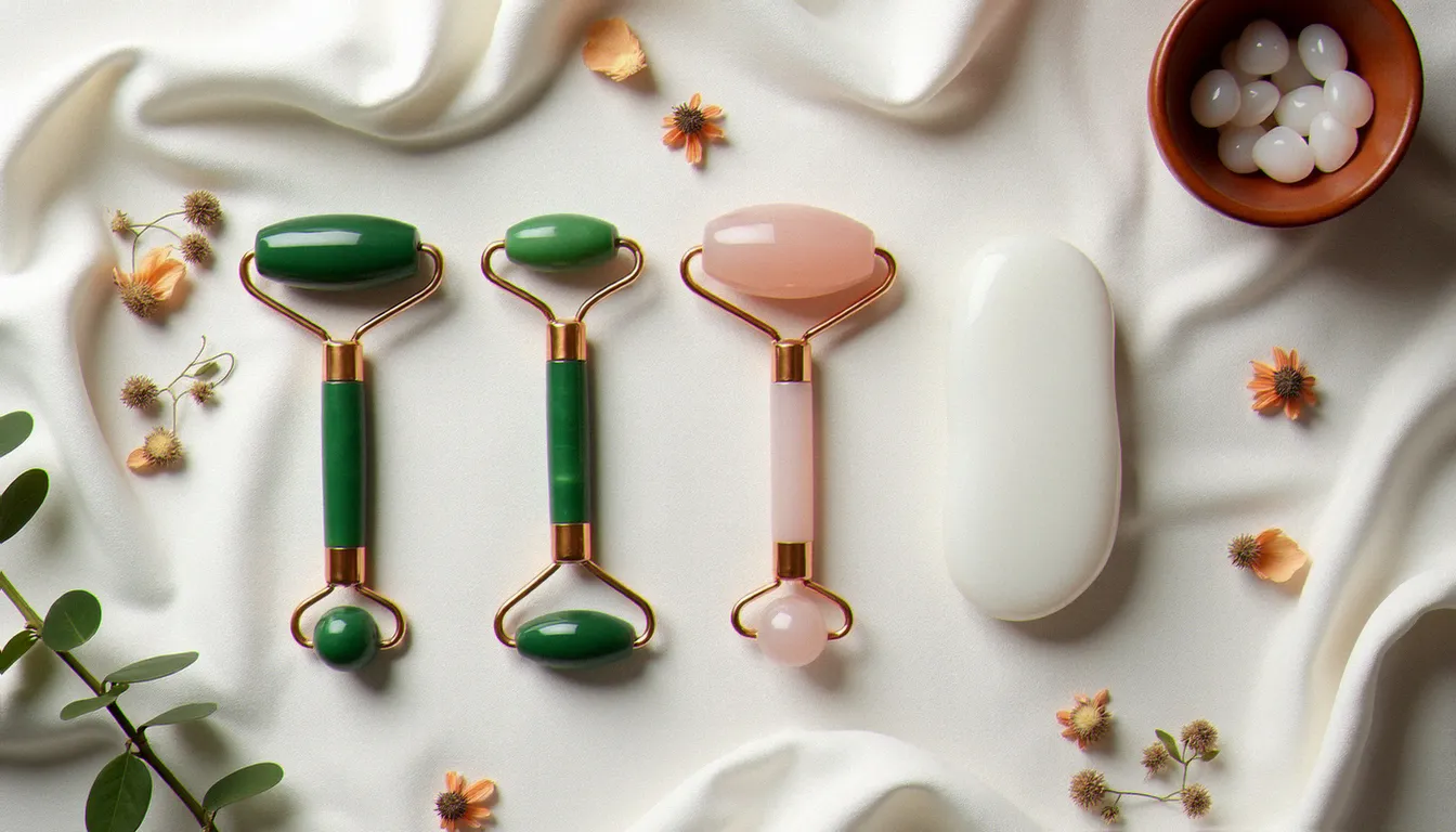 Vue de dessus de trois outils de massage facial — rouleau de jade vert, rouleau en quartz rose et gua sha blanc — posés sur un tissu lin avec des plantes séchées