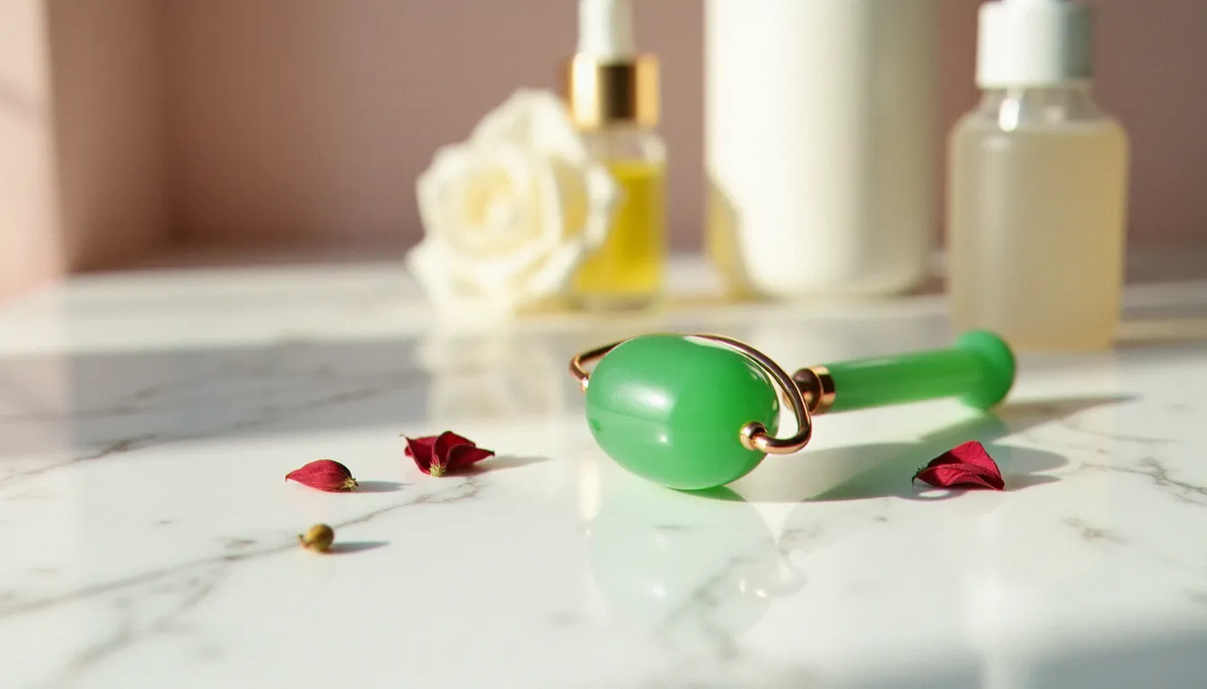 Rouleau de jade vert posé sur du marbre blanc entouré de pétales de rose séchés et d'un flacon d'huile végétale, lumière naturelle douce