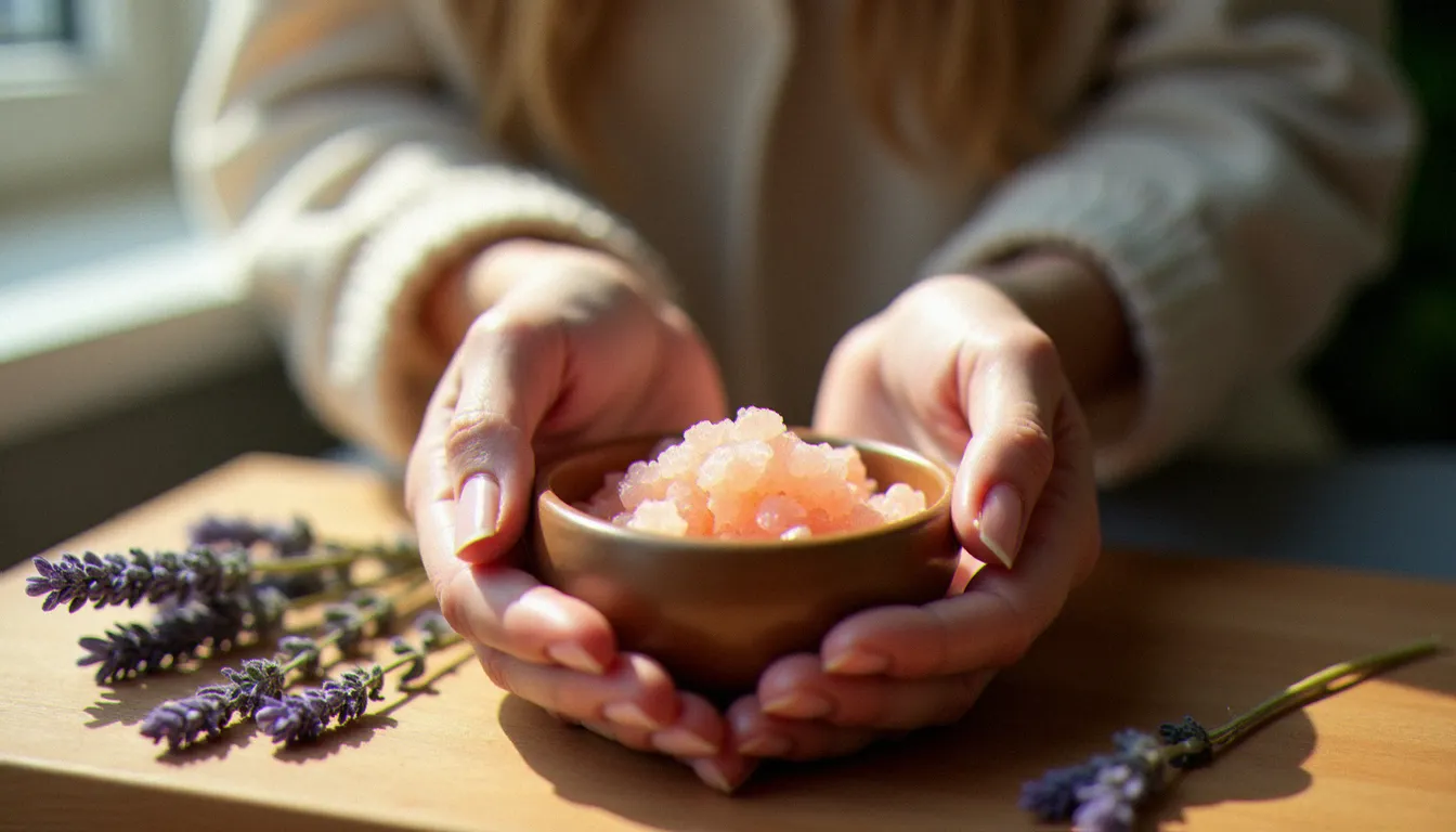 Bol de cristaux de sel rose de l'Himalaya tenu dans les mains lors d'un rituel de purification spirituelle à domicile