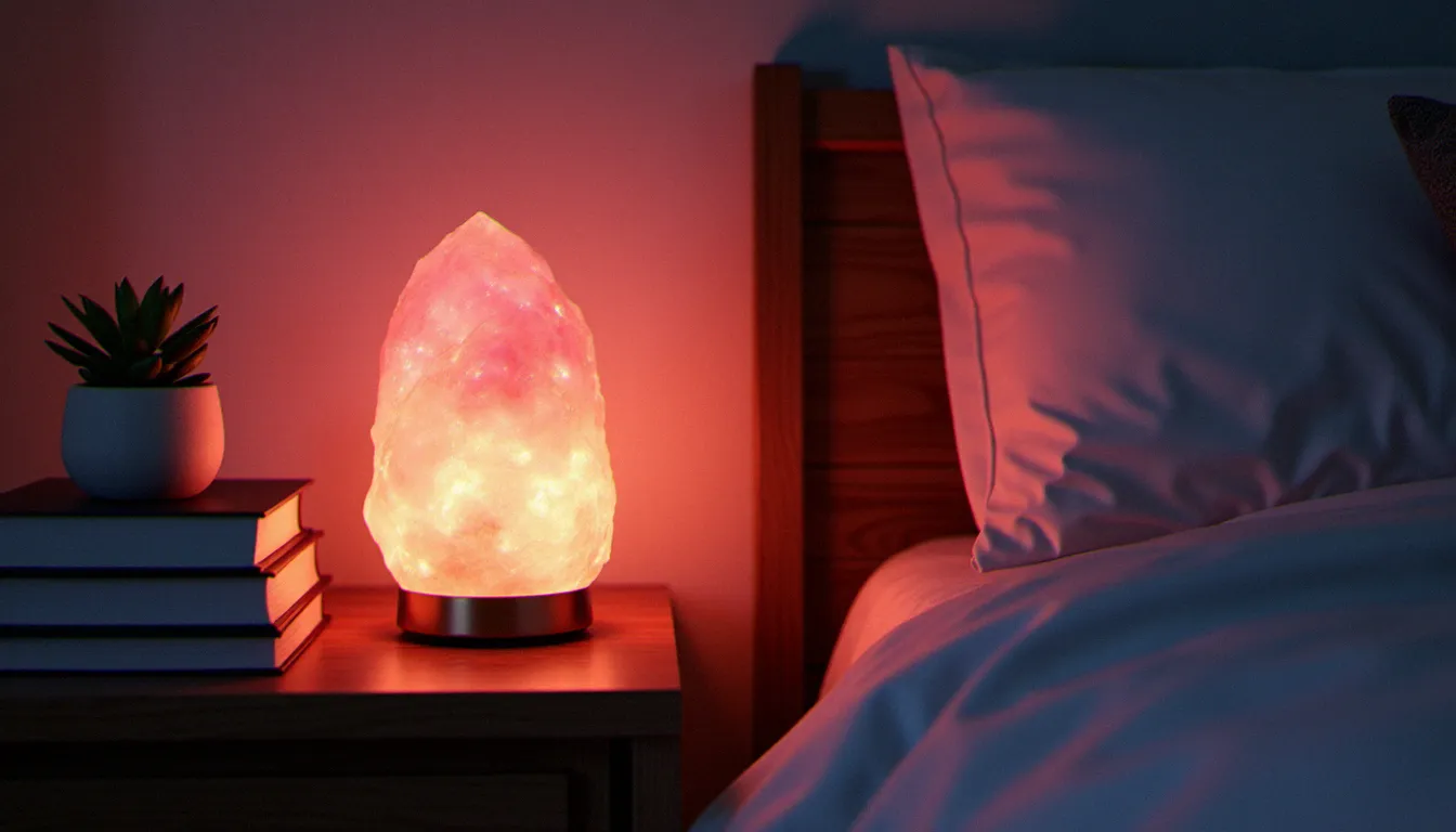 Lampe en sel rose de l'Himalaya allumée dans un coin de chambre, diffusant une lumière chaude et apaisante propice à la méditation